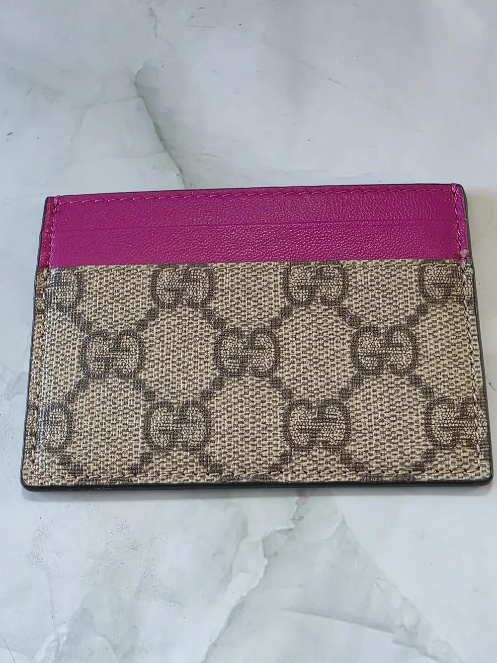Gucci GG Canvas Card Holder with Pink Leather Trim